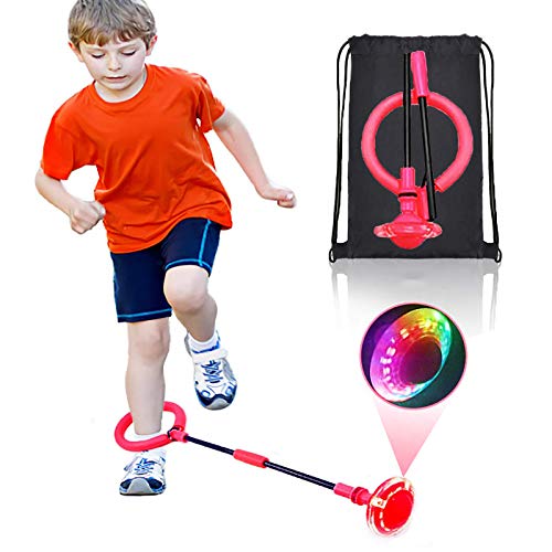 Jmarfiyo Skip It Ball, Foldable Ankle Skip Ball for Kids, Colorful Light Flashing Jumping Ring with Backpack, Skipit Toy Sports Swing Ball for Fitness, Boy & Girl Gift, Red