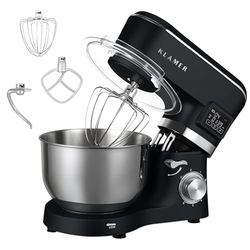 KLAMER Küchenmaschine Classic 1400 W – 5,5 L Rührschüssel aus Edelstahl, Knet-, Rühr- & Schneebesenaufsatz, Timer & LED-Display, stabile Saugnapffüße, ideal für Brot-, Kuchen- & Pizzateig