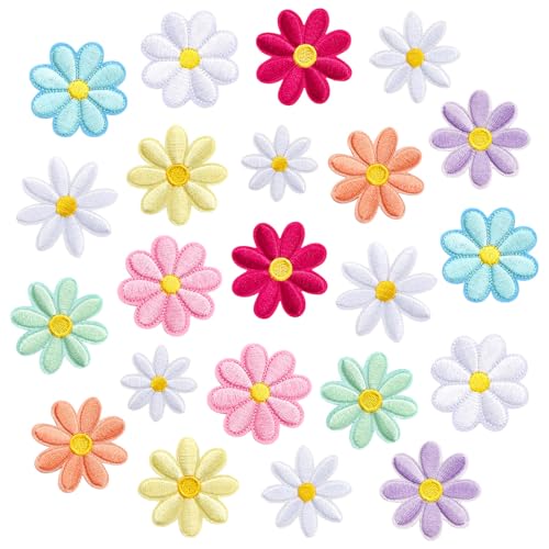 22PCS Colour Flower Iron on Patches, Cute Daisy Flower Applique Patch, Heat Press Embroidery Patch for DIY Decoration Clothes Jackets, Jeans, Hats, Backpacks