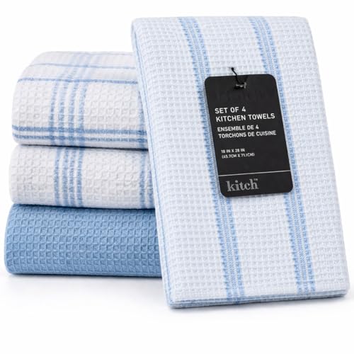 Image of Kitchen Towels Set of 4 Dish Towels Blue n White Waffle Weave Cotton Hand Towels, 18 x 28 Absorbent Kitchen Linens