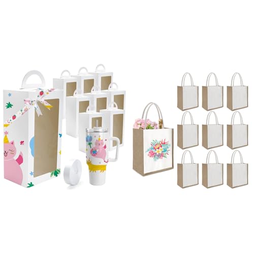 Joyclub Bundle of 8 Pack White Gift Boxes with Ribbon and 10 Pack Burlap Tote Bags