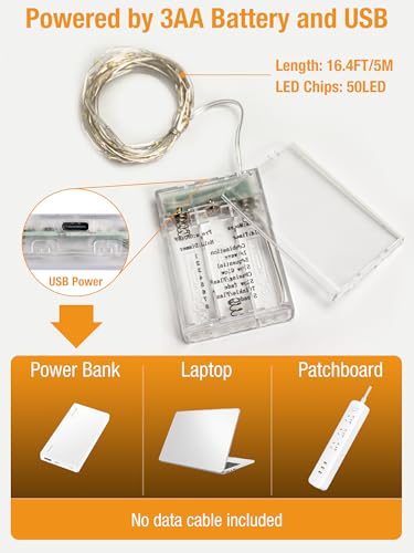 btfarm 5M 50 LED Lichterkette Batterie mit Timer, Mini Lichterketten Innen Dimmbar 8 Modi, Wasserdicht Draht Lichterkette Batteriebetrieben USB-Anschluss für Weihnachten Party Zimmer, Warmweiß