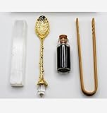 4pc Witch Accesory Kit with Ornate Crystal Spoon, Cleansing Selenite Wand, Protective Black Salt, Wooden Tongs, Baby Witch, Altar Herbalism, Potion Making, Spiritual Unique Gift, Metaphysical