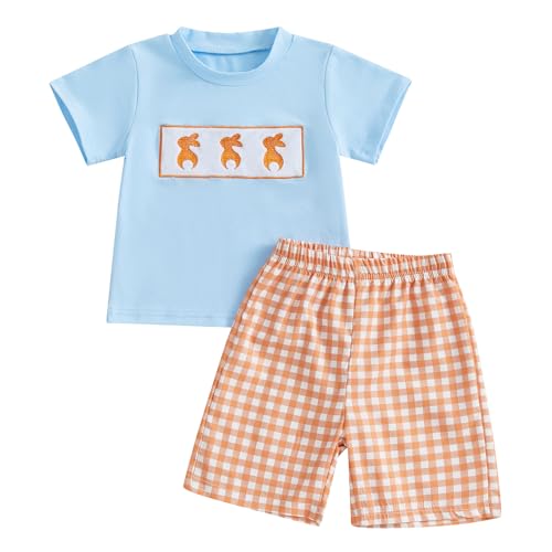 Image of Toddler Baby Boy Easter Rabbit Outfit Short Sleeve Bunny Carrot Smocked T-shirt Elastic Waist Shorts Summer Clothes
