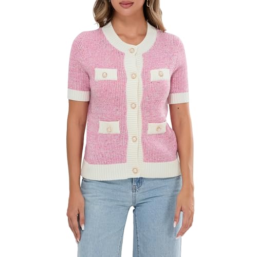 Image of Womens Short Sleeve Button Down Cardigans Sweater Cropped Lightweight Crew Neck Elegant Knit Tops with Pockets