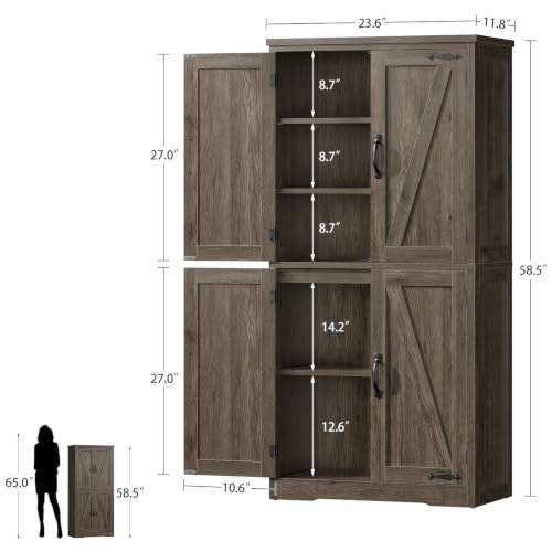Image of TEENFON 58 inch H Storage Cabinet with Adjustable Shelf, Farmhouse Kitchen Pantry Cabinet, Bathroom Cabinet with 4 Doors, Cupboard for Kitchen, Bathroom, Living Room, Dark Walnut