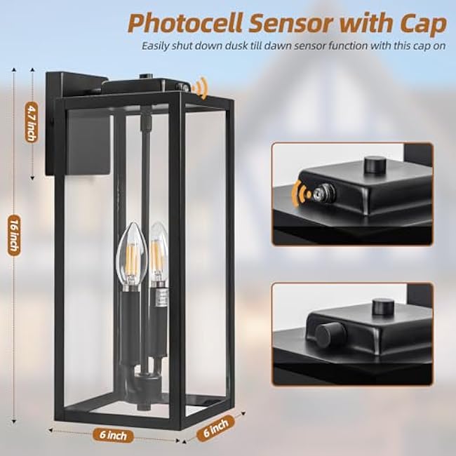 Dusk to Dawn Outdoor Light Fixture 2-Light, Large Outdoor Lantern 16¡± IP65 Waterproof Exterior Sconce with Photocell Sensor Outside Wall Light for House Front Porch Wall Mounted Lamp, E12