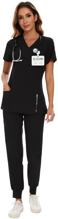 COZYFIT Scrubs for Women Set - Stretch V-Neck Scrub Top & Jogger Pant with 8 Pockets, Yoga Waistband, Anti Wrinkle, Slim Fit Women Scrubs