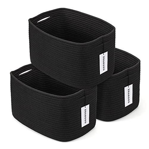 Image of Cotton Rope storage Basket Bins 15X10X9.3“ Woven Basket for Organizing Shelves Rectangle Decorative Baskets For storage Clothes Toys Books Towels Square Wicker Nursery basket organizer 3 pack black