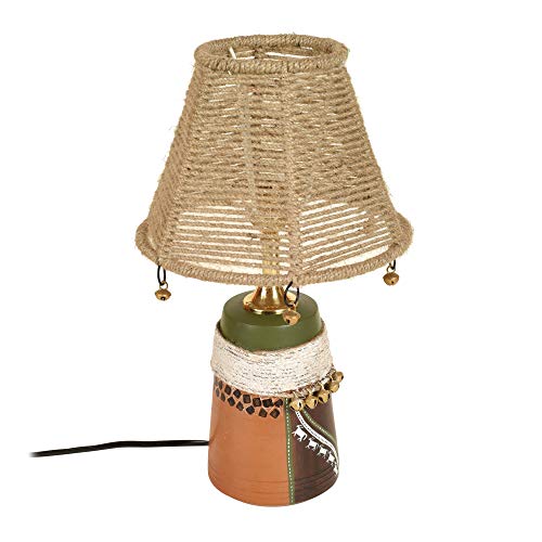 Image of AAKRITI ART CREATIONS Terracotta Table Lamp for Study Room, Bedroom & Living Room Decoration | Kalamkari Handwoven Tribal Pattern Bedside Lamp with Jute Fabric Shade | Aesthetic Night Lamp
