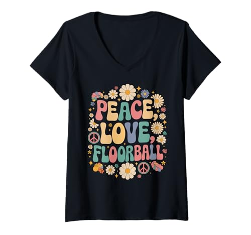 Mujer Peace Love Floorball 60s 70s Hippie Retro Floorball Jugador Camiseta Cuello V