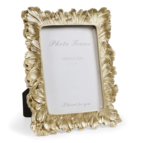 Gold 5x7 Picture Frame, Vintage Gold Palm Leaves Textured Hand-Crafted Resin with Glass Front Elegant Retro Vintage Design Photo Frame for Wall and Tabletop Display Home Decor