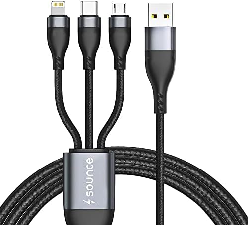 Sounce 100W / 6A Speed Fast Charging USB 3.0 Cable 4 Ft / 1.2m to 3-in-1 Long Charging Cord with Type C + Micro USB + Lightning Connector 480 Mbps Data Transfer for Laptop, Tablets, Smartphones & More