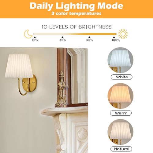 Image of PASSICA DECOR Battery Operated Wall Sconces Set of 2 Premium Fabric Pleated Shade, Rechargeable LED Lights with 15 Colors, Remote Control, Timer for Bedroom, Living Room, Kids' Room