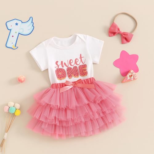 FYBITBO Sweet One First Birthday Outfit Baby Girl Donut Short Sleeve Romper Tulle Tutu Skirt Dress 1St Birthday Girl Outfit3