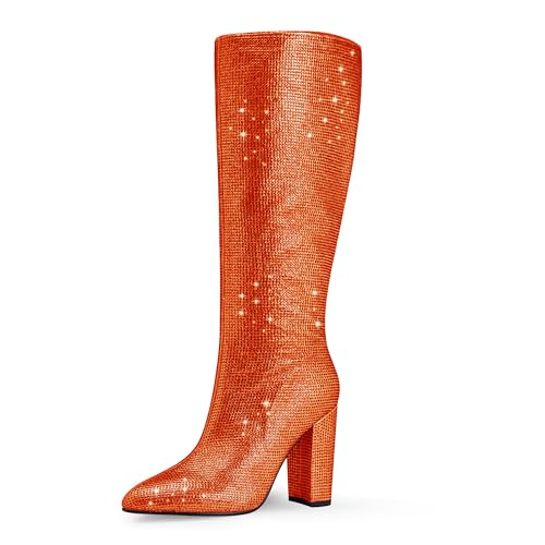 Pointed Toe Sparkly Rhinestone Knee High Wide Boots for Women Pull On Block Heels Boots Party Fashion Sexy Tall Cowboy Boots