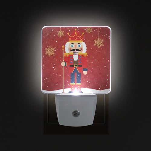 Image of Nutcracker Christmas Night Lights 2 Pack Plug-in Wall Led Nightlight Auto Dusk-to-Dawn Sensor Lamps for Bedroom Kitchen Bathroom Hallway Stairs