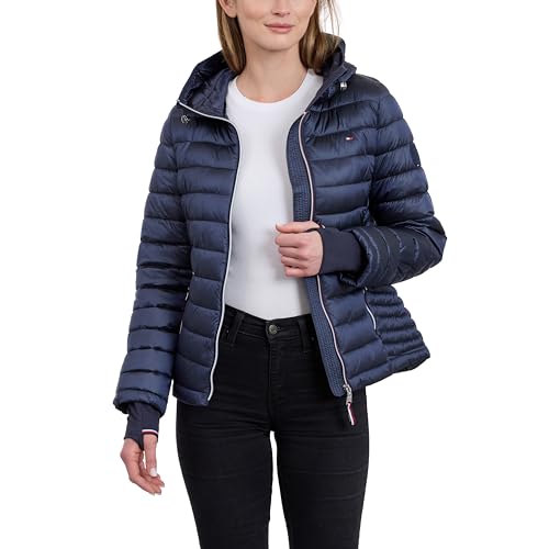 Tommy Hilfiger Women's Puffer Jacket, Lightweight Packable Jacket With Hood & Bag, Dark Navy, Medium