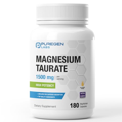 Puregen Labs Magnesium Taurate 1500mg per Serving [High Elemental Magnesium Potency] 180 Veggie Caps Chelated for Superior Absorption Non-GMO NO Gluten and Dairy