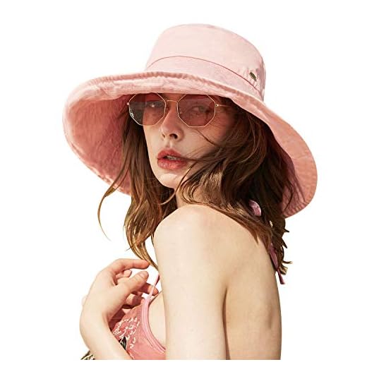 CACUSS Women's UPF 50+ Summer Sun Hats Cotton Beach Hat Packable 15cm Large Brim with Neck Protection Chin Strap Size M/L Pink