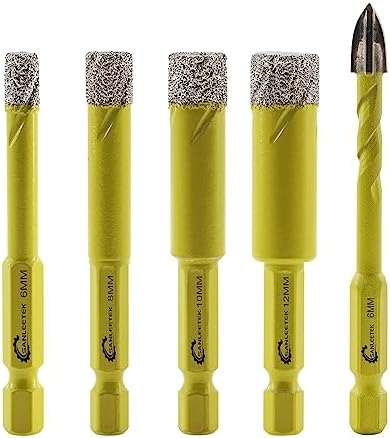 Dry Diamond Drill Bits Set - 4pcs 6/8/10/12mm SANLEETEK Hole Saw and 1pc 6mm Carbide Drill with Quick Change Hex Shank for Marble Granite Ceramic Porcelain Tile