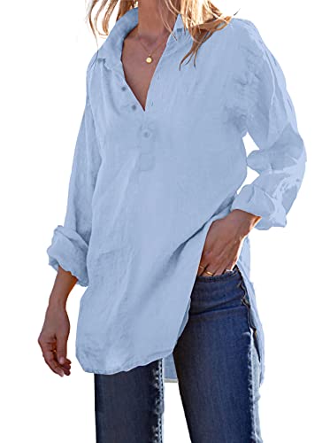 Pretifeel Womens Cotton Linen Tunic Shirts Button Down Long Sleeve Blouse Tops Beach Cover Up