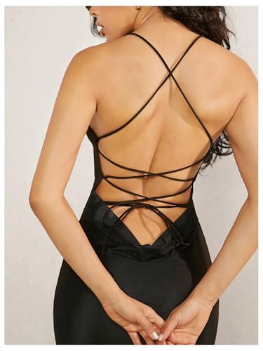 Soly Hux Women'S Floral Print Mesh Bodycon Cami Dress Criss Cross Tie Backless Long Dresses Black Floral Small thumb #3