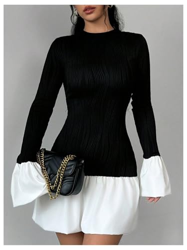 GORGLITTER Women's Color Block Ruffle Bubble Dress Trendy Puff Long Sleeve Crewneck Mini Dresses3