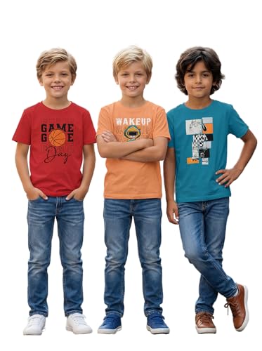 Image of HELLCAT Boys Round Neck Printed Blended Cotton Tshirt -Combo Pack of 2 - Orange /Blue