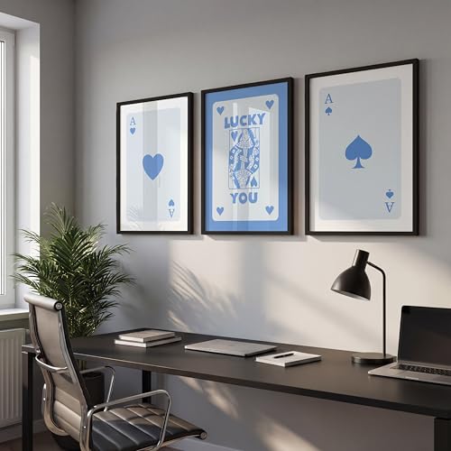 Image of NoWorries Modern Blue Playing Cards Wall Framed Painting Set | Lucky Card Art and Ace of Hearts Prints | Premium 300 GSM Paper Print with Synthetic Wooden Frame | Aesthetic Wall Decor for Hotel, Cafe, Bar, Living Room & Bedroom (Pattern-illustration) (Set of 3) (BLACK, ART-6, 13X19INCHES)