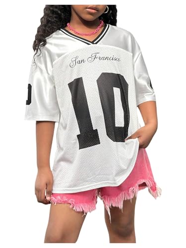 Image of RoseSeek Girl's Oversized T Shirts Letter Number Mesh Jersey Tops Short Sleeve V Neck Drop Shoulder Tees