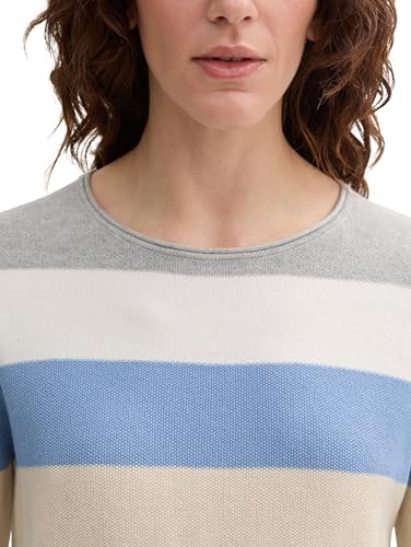 Tom Tailor Damen Strickpullover mit Rundhals, 37224 - Beige Blue Block Stripe, M – Ansicht 3