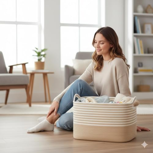 Image of Large Storage Basket, Woven Blanket Basket, Toy Basket with Handle, Laundry Hamper for Living Room, Nursery, Bedroom- 20x15x12 (LXWXH) (beige mix)