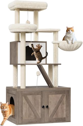 59-Inch Cat Tree Tower for Indoor Cats,Multi-Level Furniture Activity Center with Condo/Hammock/Scratching Post/Plush Perch/Caves, Wooden Hidden Litter Box Furniture