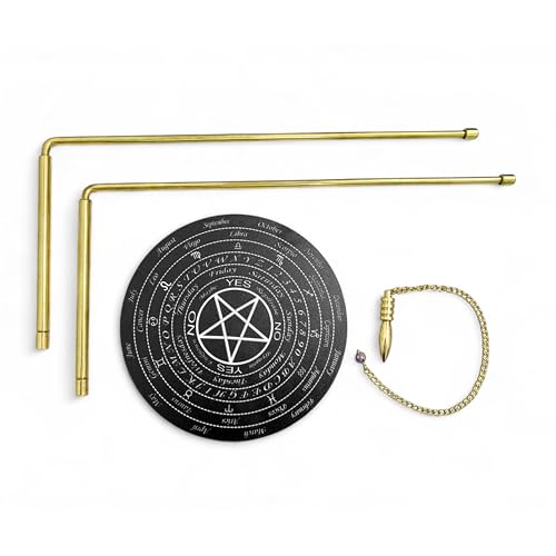 Image of Brass Dowsing Rods Pair for Vastu | 5 mm Diameter | Set with Board & Brass Pendulum (Assorted) | Aura Energy Scanner | Feng Shui | Reiki | Dowsing Rods | L-Rod