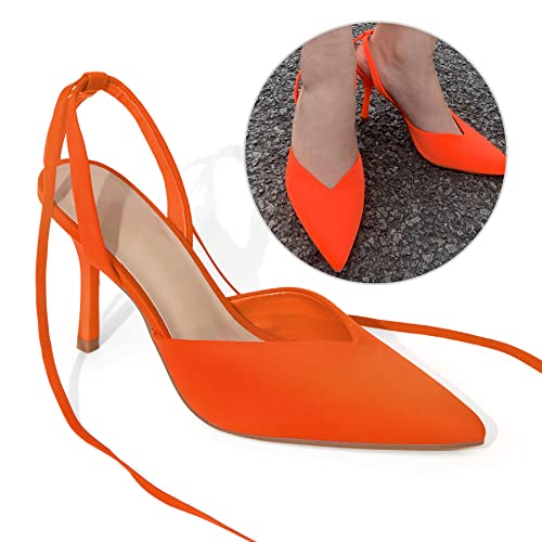 Mysoft Women's Lace Up Pumps Pointed Toe Dress Stiletto Heels Neon Orange #TOP2