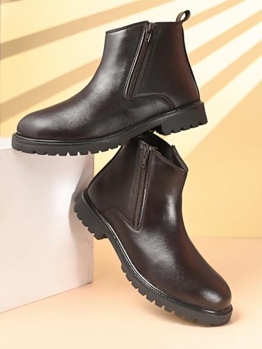 Image of STANPHORD mens Chelsea Boot STANPHORD Men's Brown PU High-Top Chelsea Boots | Round Toe Slip-On Ankle-Length Shoes | Stylish Formal & Casual Office Wear Boots | Comfortable Durable Everyday Footwear TPZN 2201 BROWN-10