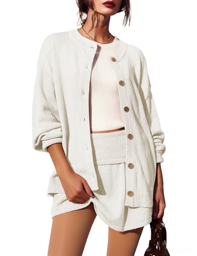 Image of Womens Sweater Set 2 Piece Long Sleeve Mini Skirt Set Button Down Cardigan and Skort Sets Matching Sets