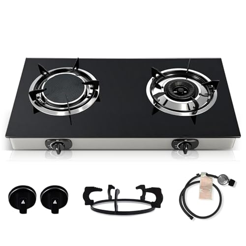 2 Burner Propane Gas Stove, 20472 BTU/h Portable Tempered Glass Camping Stove with Infrared and Blue Flame, Auto-Ignition, Portable BBQ Propane for Cooking, Outdoor, Camping, RV & Emergency Use