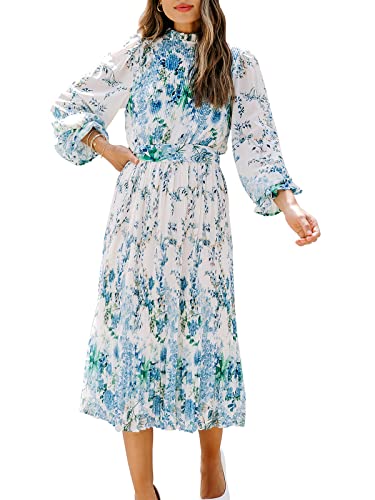 ANRABESS Women's Floral Chiffon Midi Dress Puff Long Sleeve Mock Neck Summer Wedding Guest Party Dresses Fall 2025 Outfits Floral Blue Medium