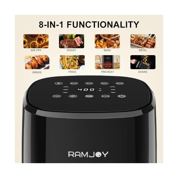 RAMJOY Air Fryer 3.8 Quarts for 1-2 people, 8-in-1 Functions, Air Fry, Roast, Bake, Broil, Preheat, Shake, Digital Small Air Fryer, Nonstick Dishwasher-Safe Basket, Compact Air Fryers, Black - Image 5