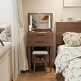 KASLANDI Solid Wood Vanity Desk with Plip Top Mirror & Lights, Small Makeup Vanity with Drawers, 3 Lighting Modes Adjustable Brightness, Vanity Table for Bedroom and Living Room (Walnut)