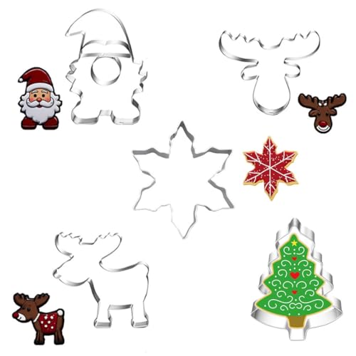 JUGUTA 5 Cortadores de Galletas Navideños - Set de Moldes para Repostería con Formas Festivas, Acero Inoxidable para Hornear y Decorar Pasteles, Galletas y Postres
