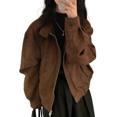 Hesaco Brown Suede Jacket Women Y2k Oversized Blazer Faux Leather