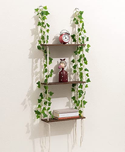 Wood Meets Color 3 Tier Macrame Wall Hanging Shelves With Artificial Ivy Leaves,Boho Room Decor Handmade Cotton Rope,Wooden Hanging Storage Floating Shelves For Small Plants,Living Room Bedroom #TOP25