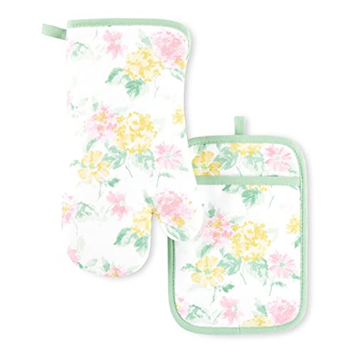 Martha Stewart Amber Floral Oven Mitt & Pot Holder Set 2-Pack, Pink/Yellow, OM: 7'x13' & PH: 7'x10'