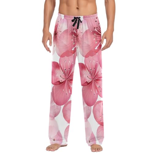 Men's Pajama Pants Watercolor Peach Flowers Sleep Pajama Lounge Pant with Pockets, Elastic Waistband