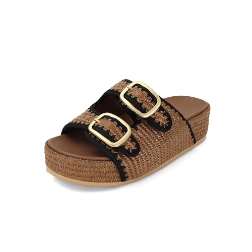 Image of Raffia Sandals for Women Platform Slide Sandals Espadrille Adjustable Double Buckle Summer Comfortable Cute Woven Casual Beach Shoes