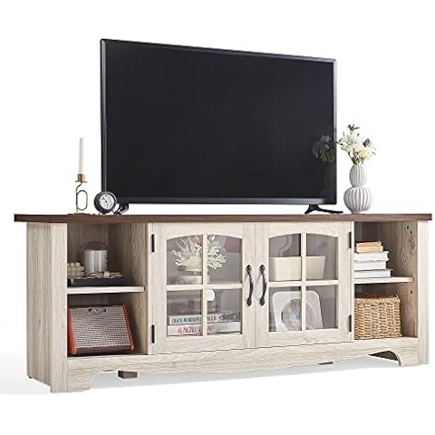 LINSY HOME Farmhouse TV Stand for 65 Inch TV, Wood Entertainment Center with Glass Door Storage Cabinet & Adjustable Shelves, Large Sturdy TV Console Table for Living Room Bedroom Cover