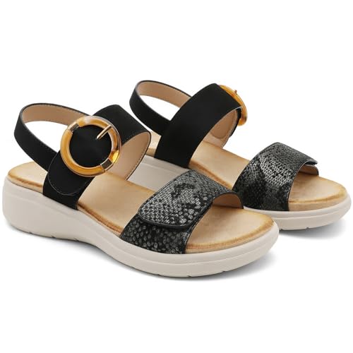 Image of UBFEN Womens Outdoor Walking Sandals Comfort Stable Low Wedge Platform | Built-in Arch Support, Shock-Absorbing Cushion Insole, Versatile Buckle Sandals for Everyday Errands,and Vacation Strolls